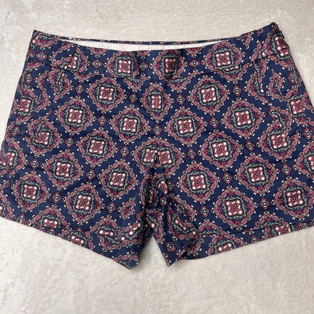 J Crew Women's 12 Blue Geometric Print Stretch Side Zip Shorts Chino Preppy‎